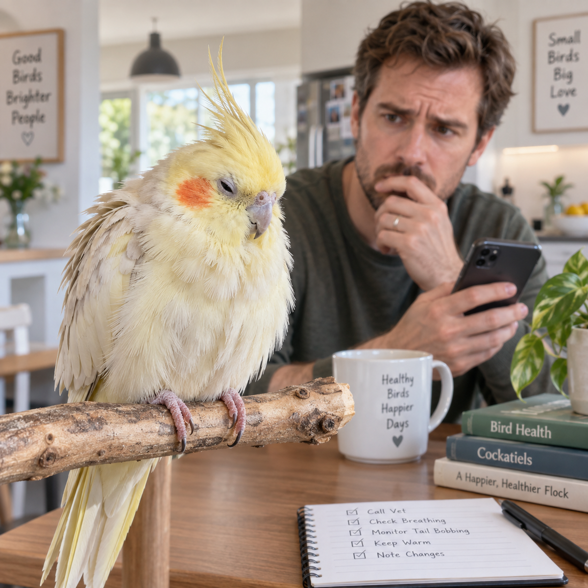 Fluffed yellow cockatiel with squinty eyes showing possible breathing trouble as worried owner watches