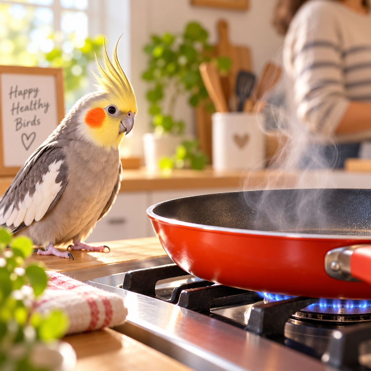 **`Cockatiel near a hot nonstick frying pan illustrating Teflon and PTFE risks to birds`**