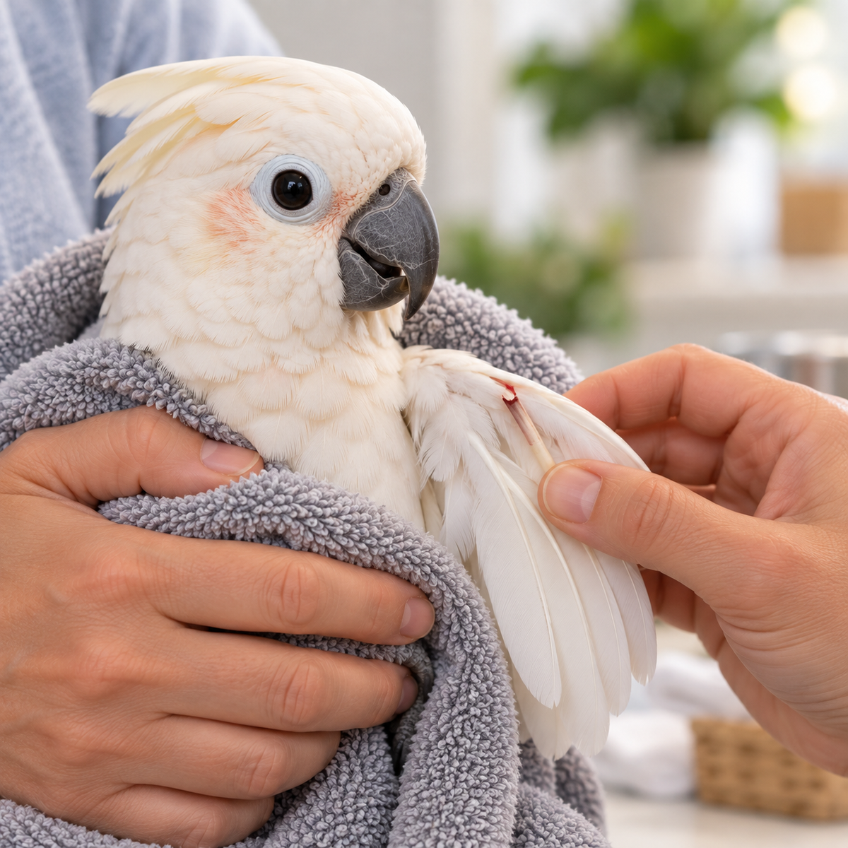 Goffin’s cockatoo gently restrained in a towel while an owner examines a broken blood feather with minimal bleeding