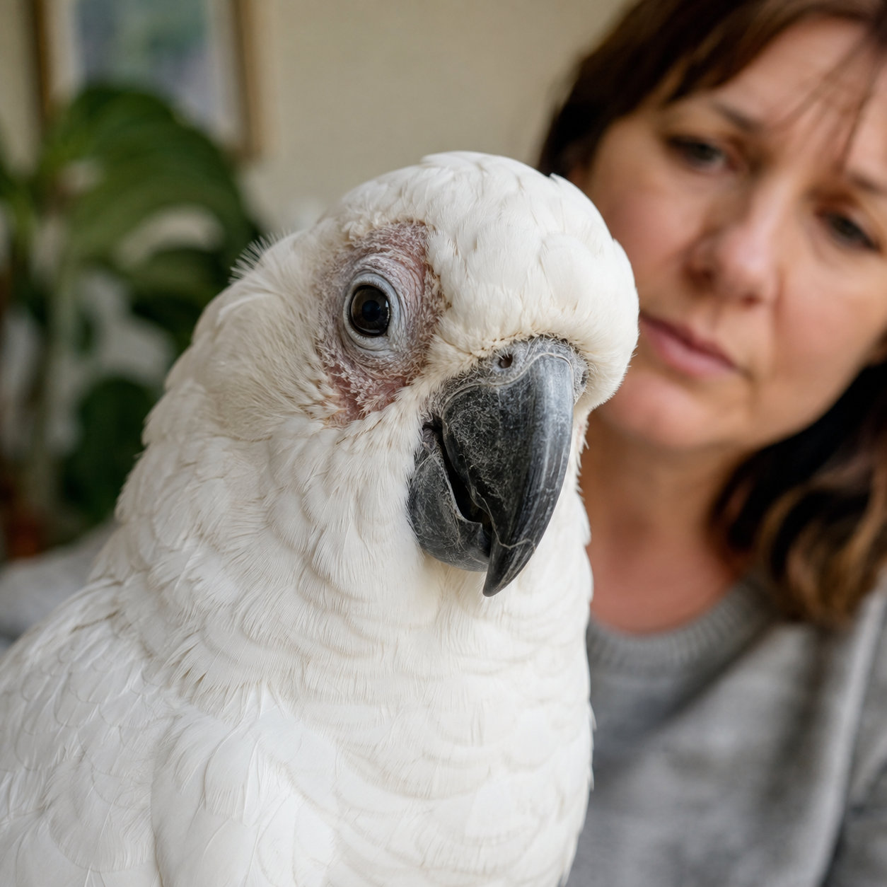 White cockatoo with feather loss around one eye while a concerned owner looks on.