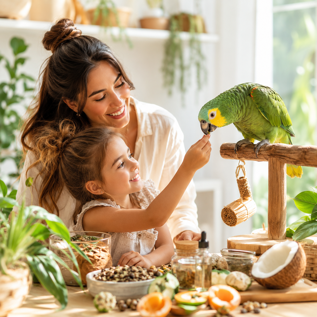 mom showing her child what her bird should eat every day