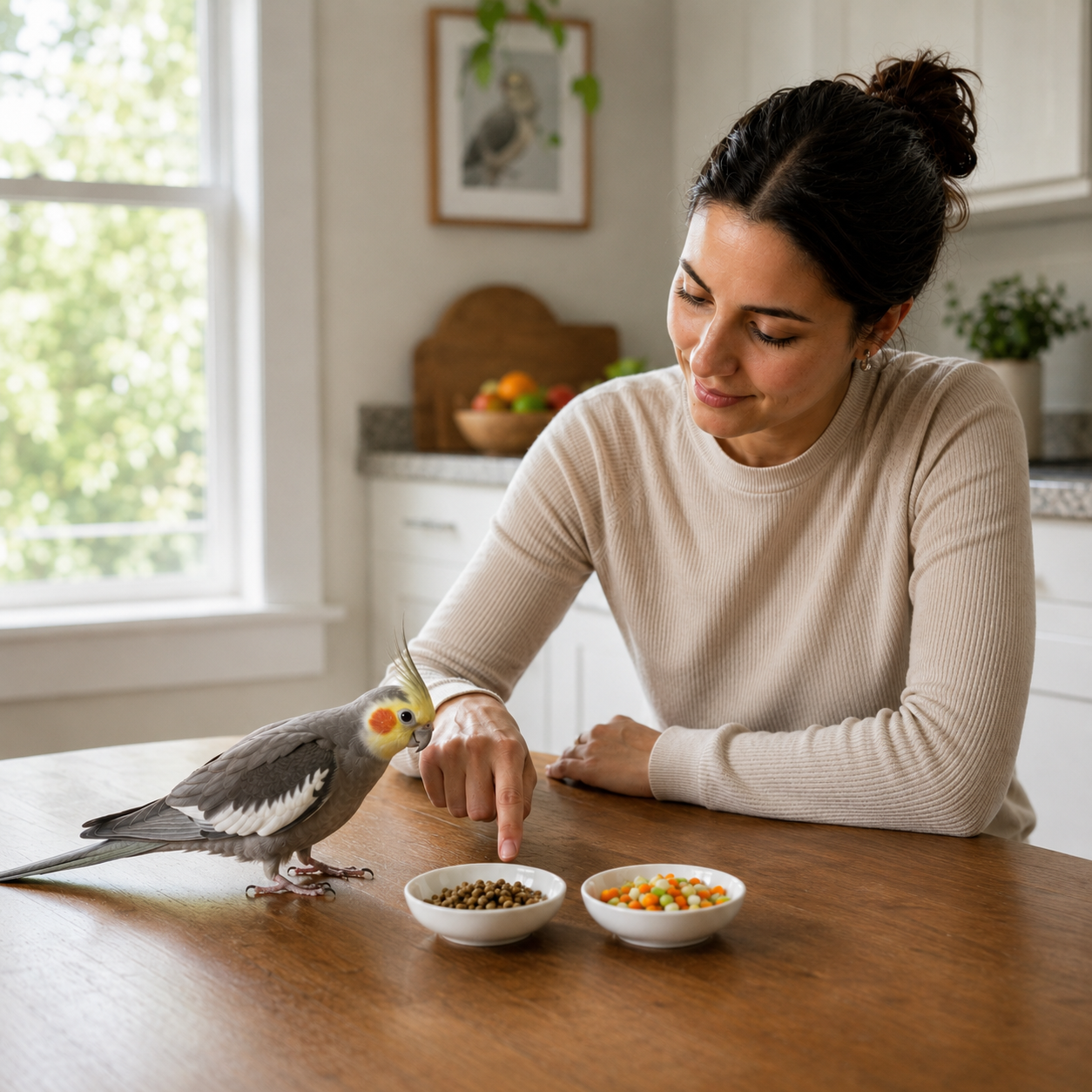 Woman gently tapping near a cockatiel’s pellet and chop dishes to encourage safe bird diet conversion from seeds