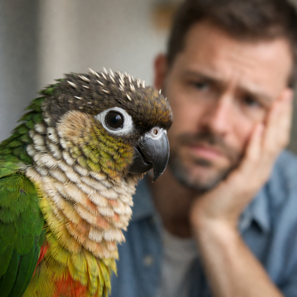 green cheek conure with pin feathers