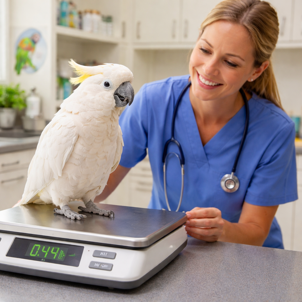 vet weighing a senior bird 
