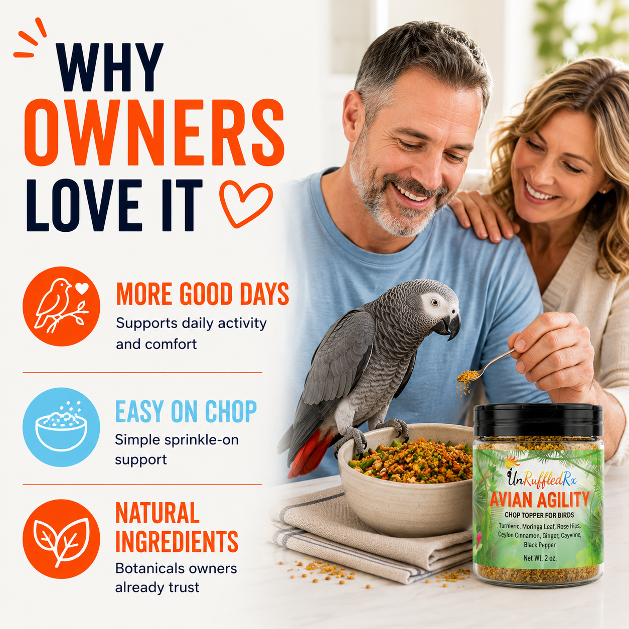 image of avian agility and information about why bird owners love how it supports daily activity and comfort
