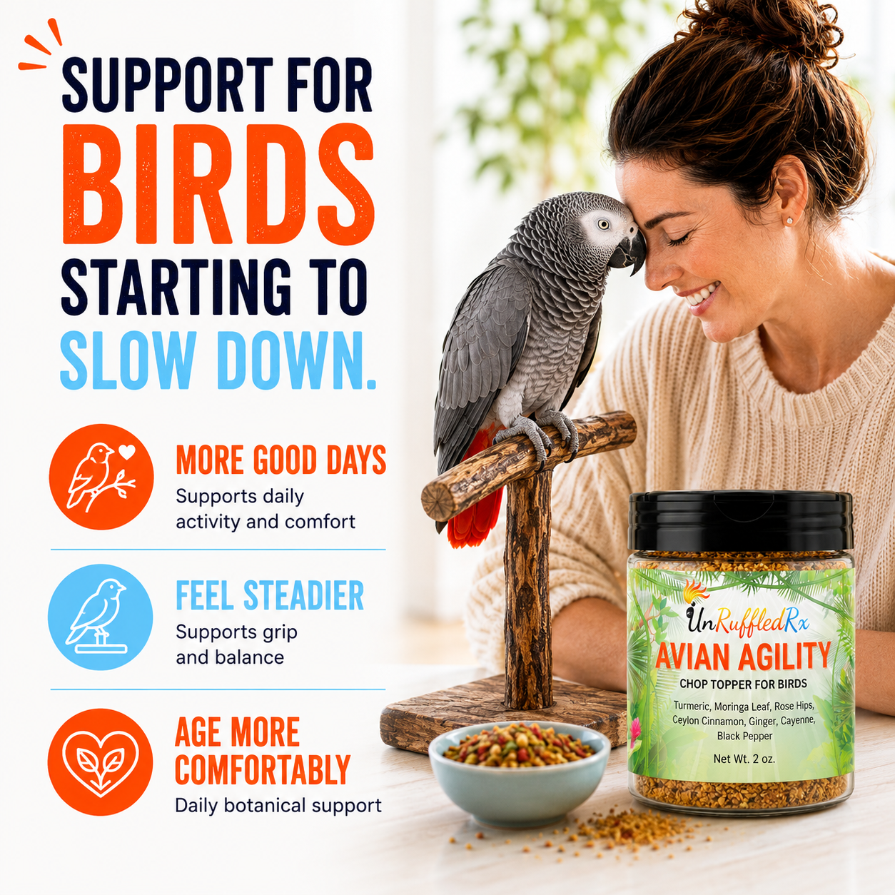 Image of woman with her bird on a perch showing how Avian Agility supports birds that are starting to slow down