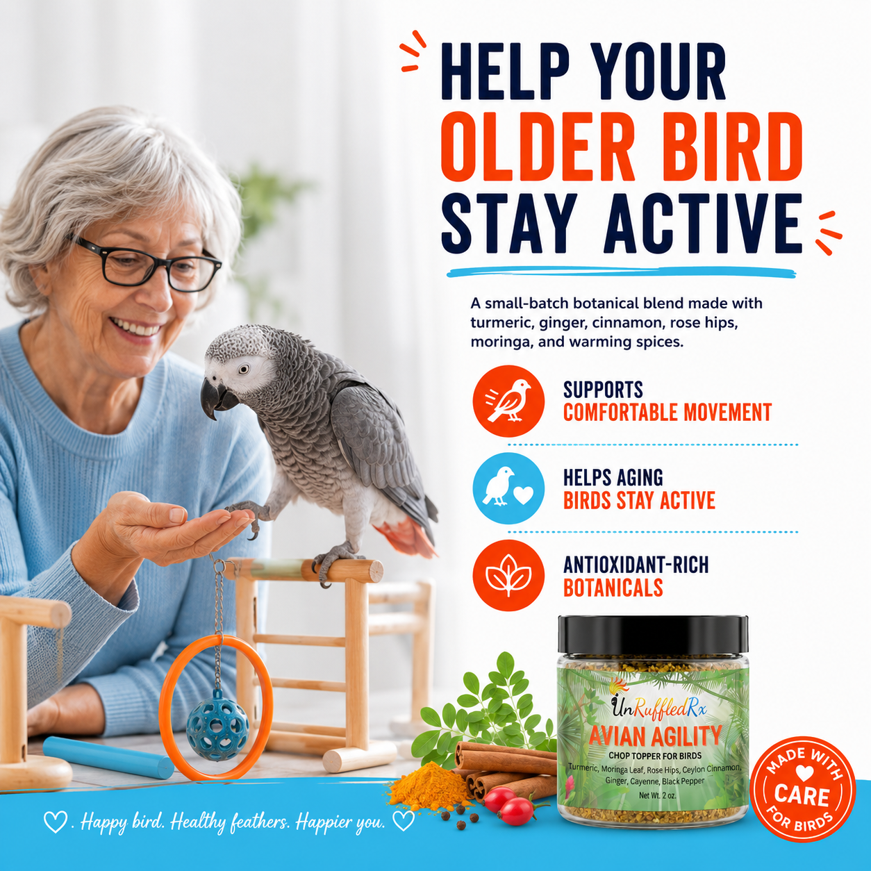 Woman with a parrot and a product for pet health on a white background