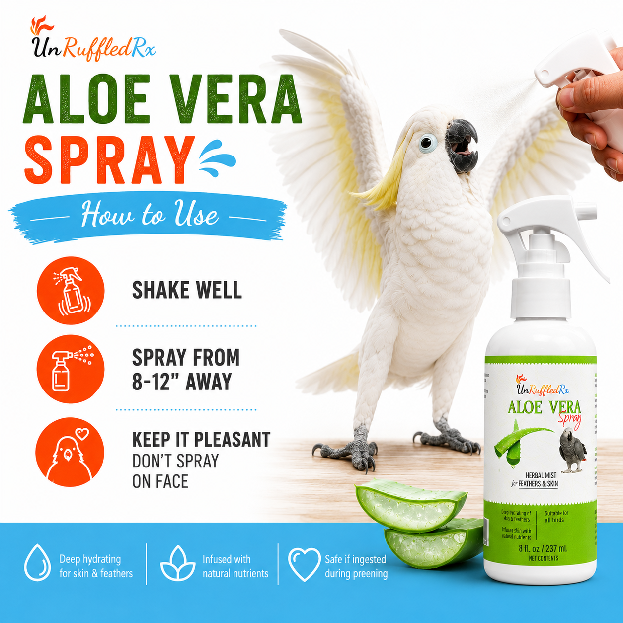 Aloe vera spray for birds with a parrot and usage instructions on a blue background