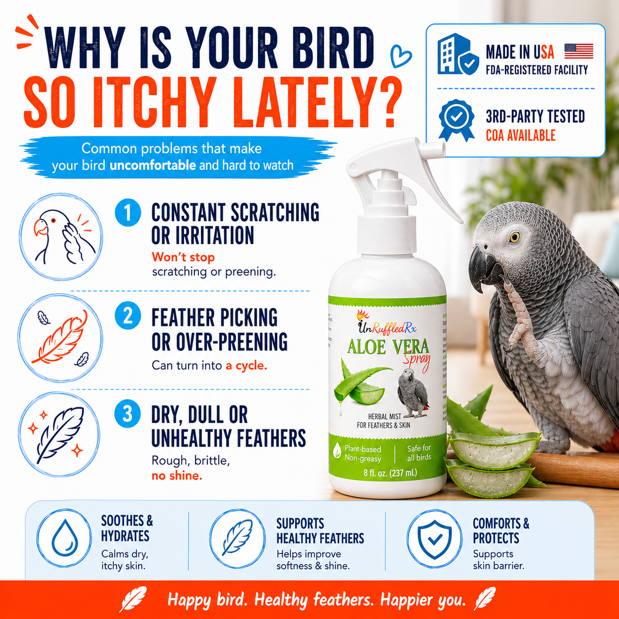 Aloe vera spray for birds with a parrot and information about why it helps