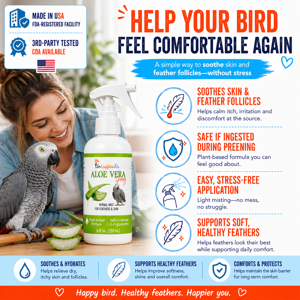 scratching, itching, and hard molts are a real problem for bird owners. Bird aloe vera spray may help your bird feel comfortable again