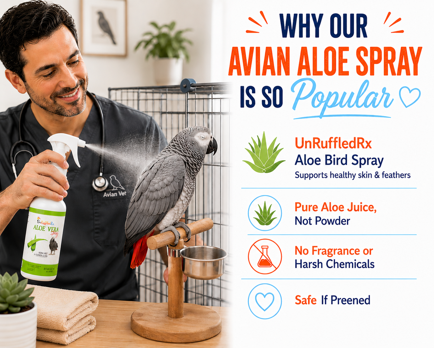 Person holding Aloe Vera spray for a parrot with product features displayed on the right.