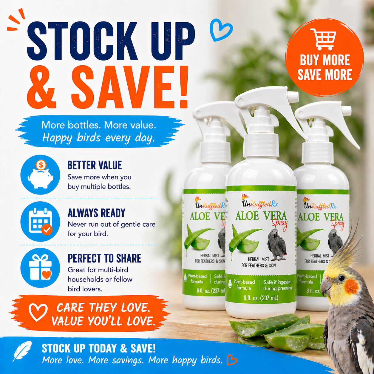 Three bottles of aloe vera spray for birds with promotional text and a parrot in the background.