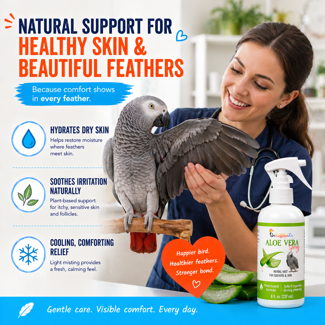 Woman holding a parrot with a bottle of Aloe Vera product, promoting natural support for healthy skin and feathers.