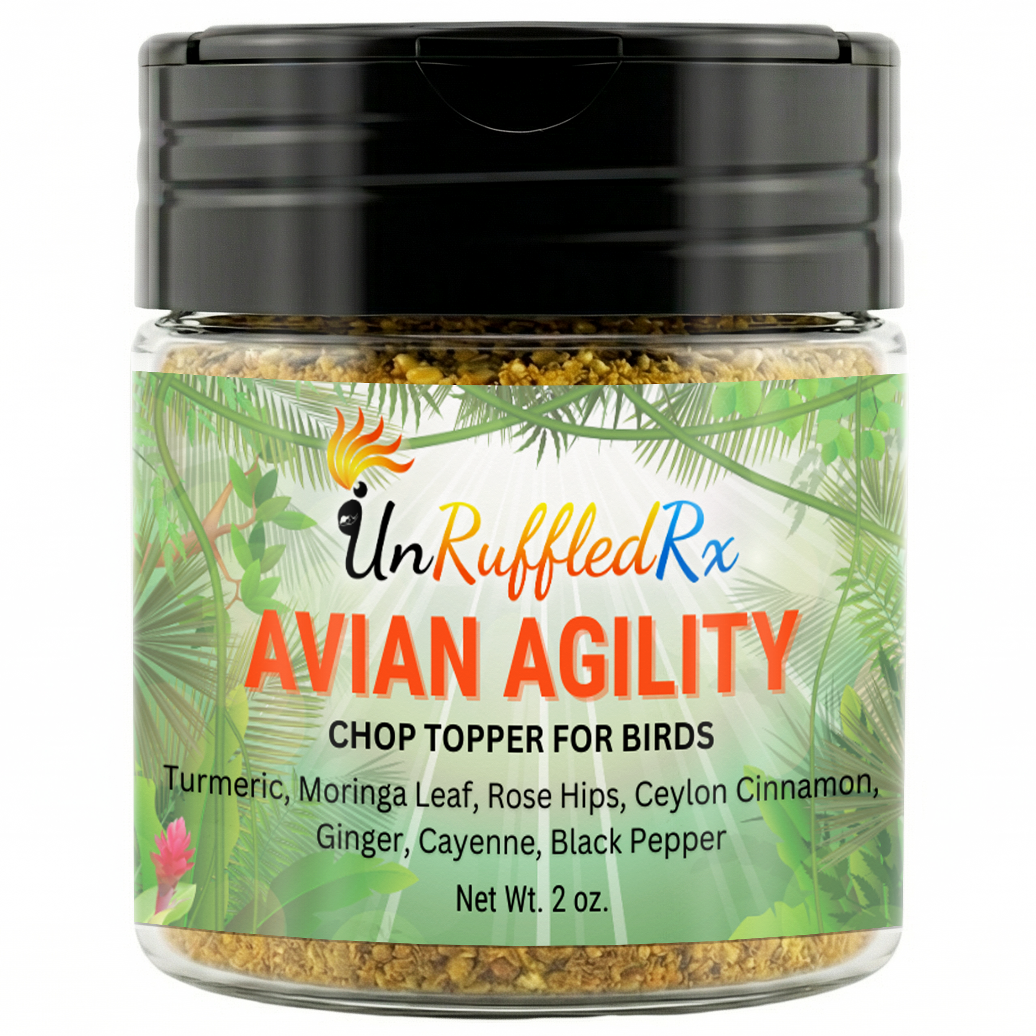 Jar of UnRuffledRx Avian Agility Chop Topper for Birds on a white background