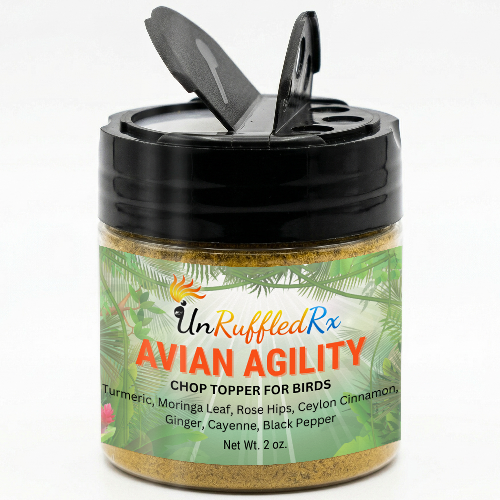 jar of Avian Agility showing versatile lid that allow user to sprinkle on chop or use a measuring spoon to administer