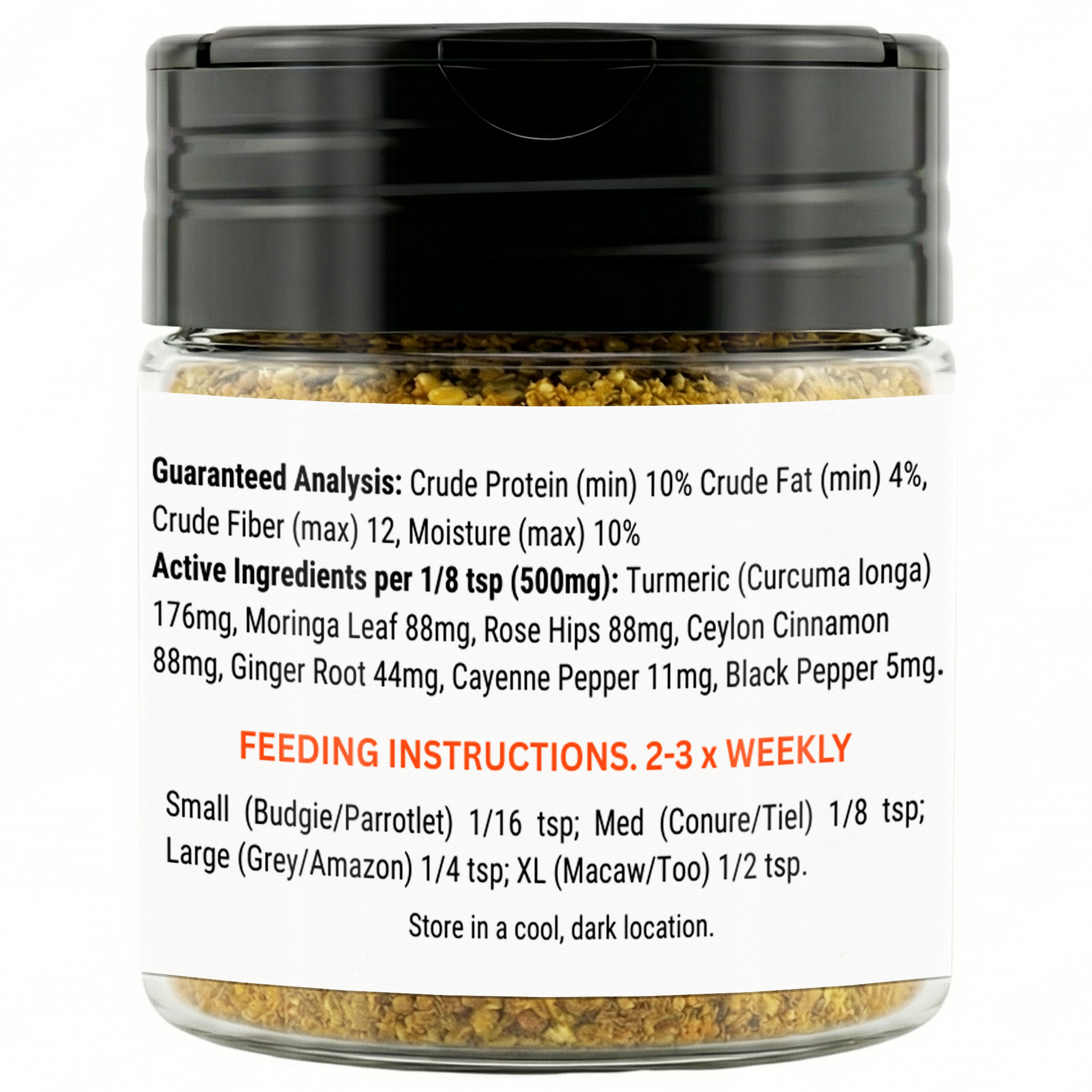 Jar of pet supplement with label showing guaranteed analysis, active ingredients, and feeding instructions.