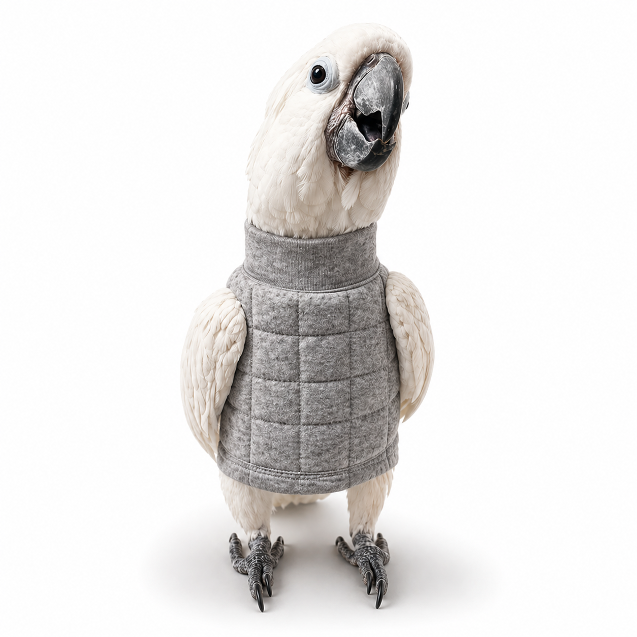 cockatoo parrot wearing a protective Beakguard Bird Vest to help prevent chest chewing 