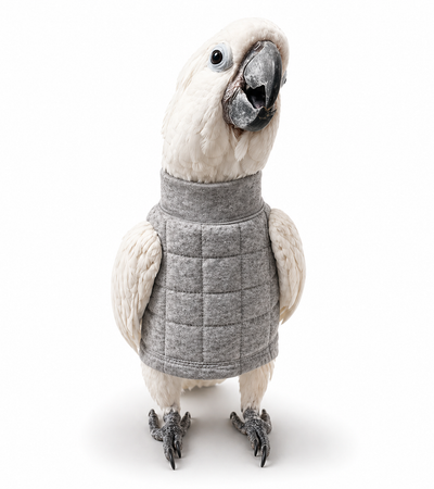 cockatoo parrot wearing a protective Beakguard Bird Vest to help prevent chest chewing 