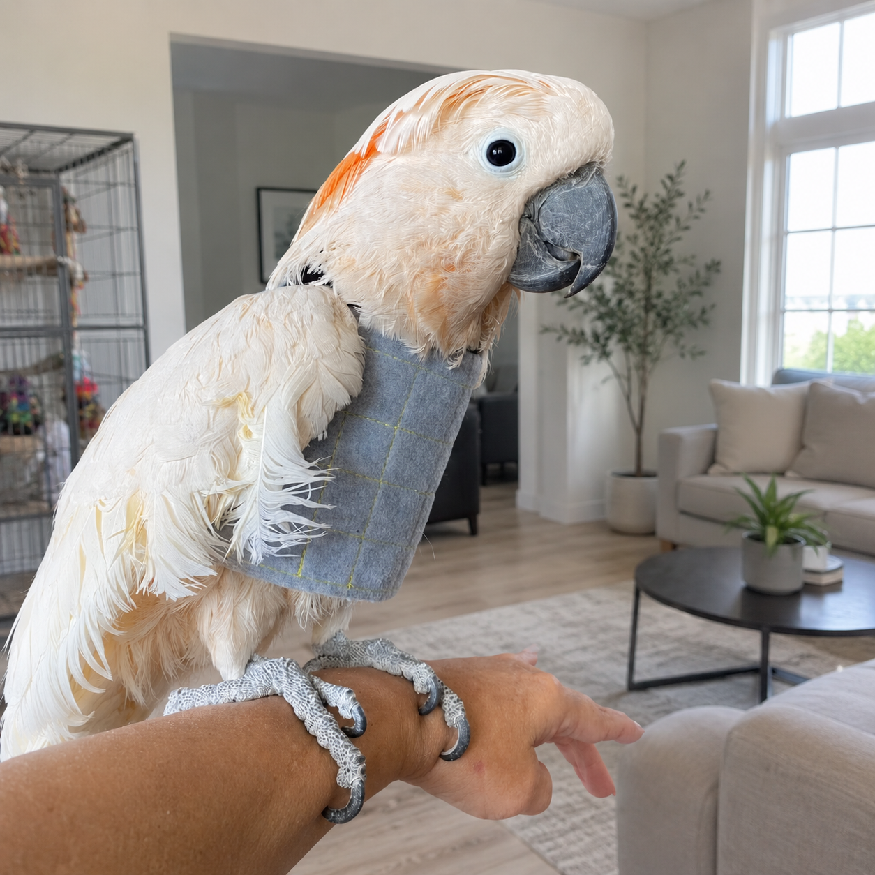 Self-mutilating cockatoo wearing a Beakguard bird vest