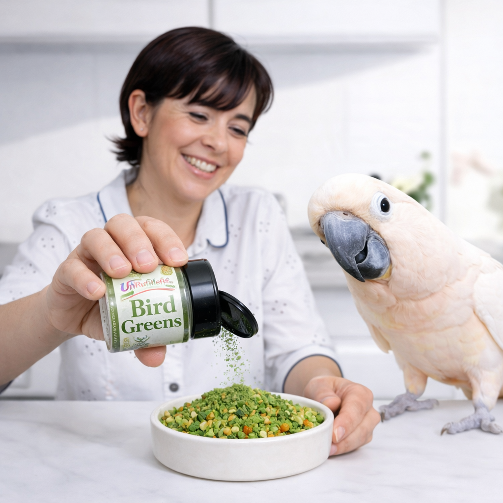 Person holding a bottle labeled 'Bird Greens' with a parrot next to a bowl of food.