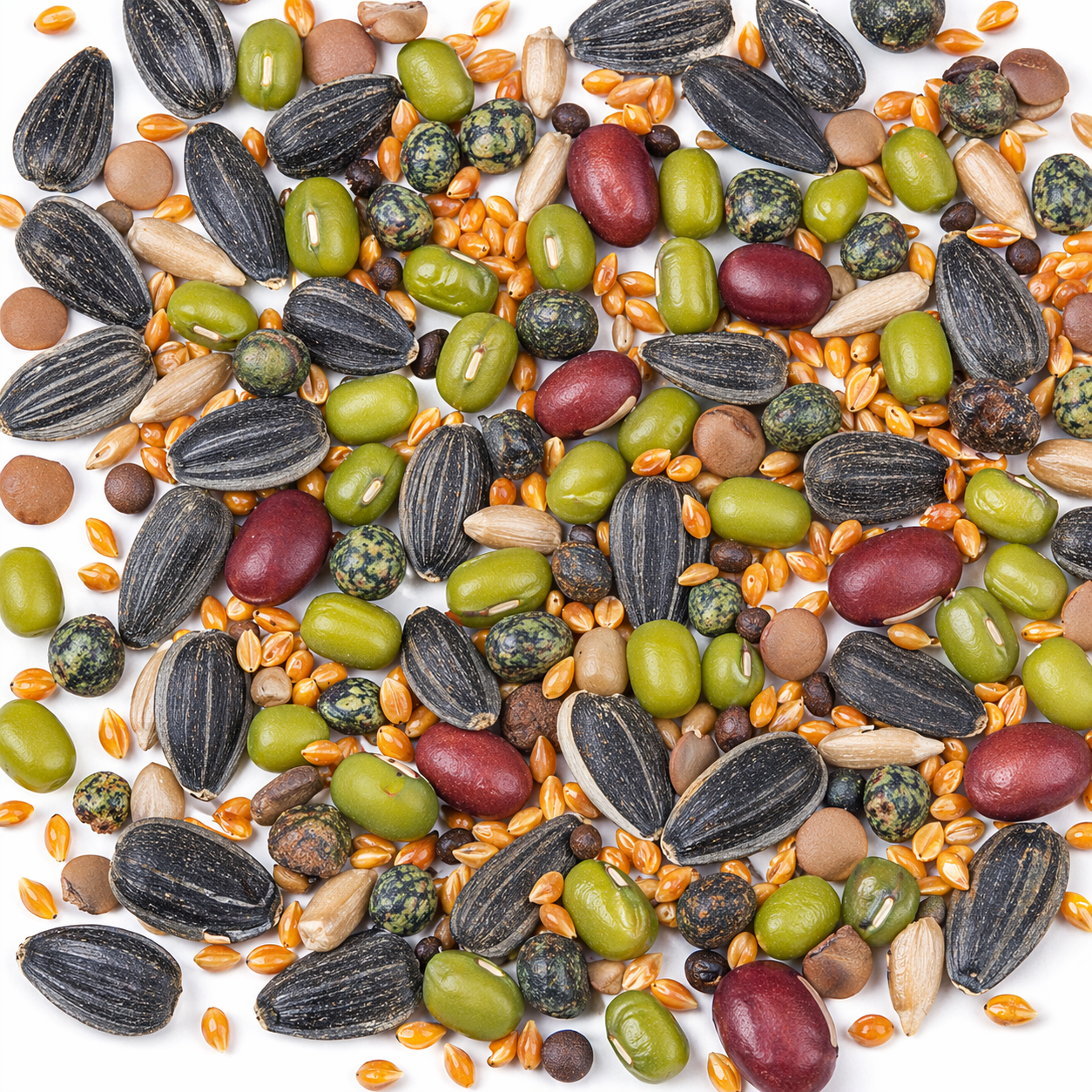 Assorted bird seed including sunflower seeds, peanuts, and millet on a white background