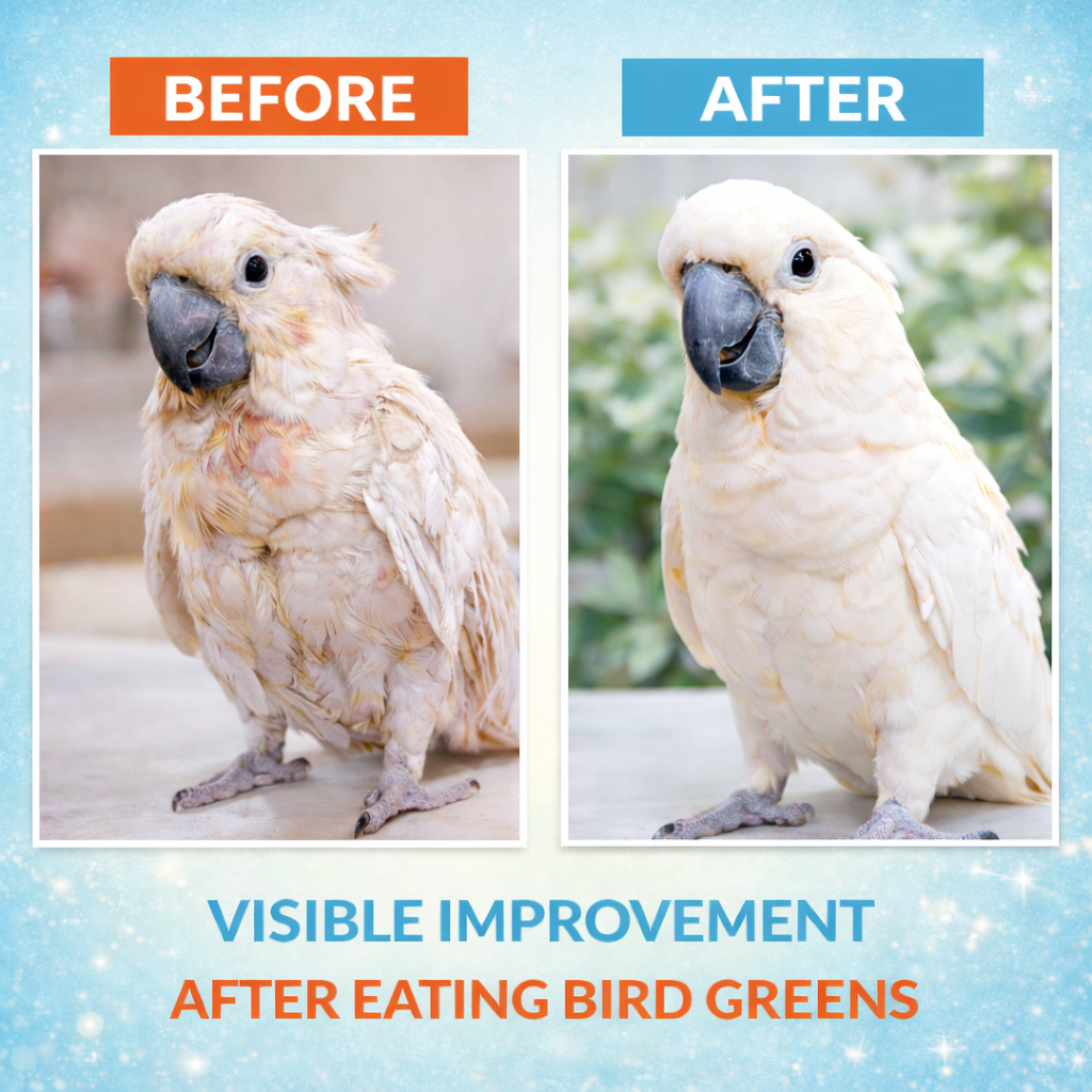Before and after comparison of a parrot with text indicating improvement after eating bird greens.
