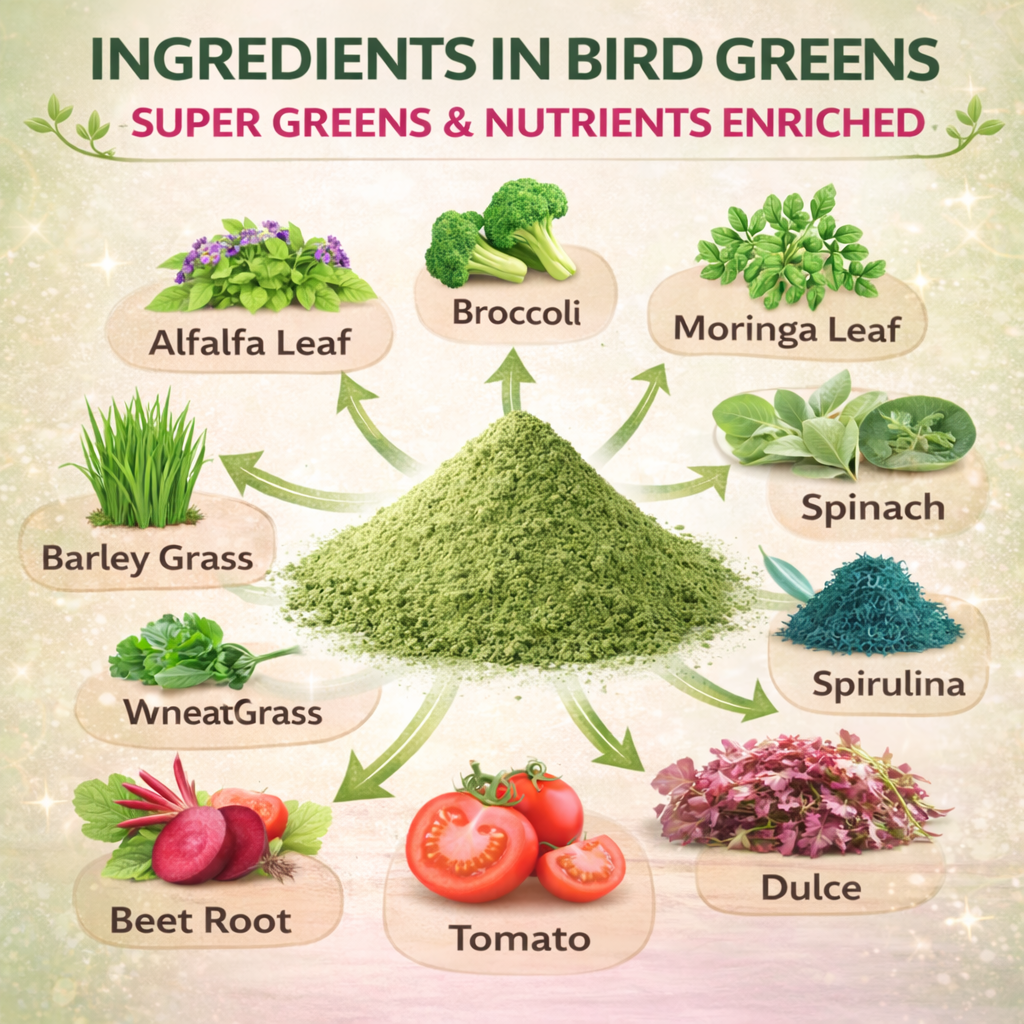 Illustration of various ingredients used in bird greens with labels and arrows pointing to a pile of green powder.
