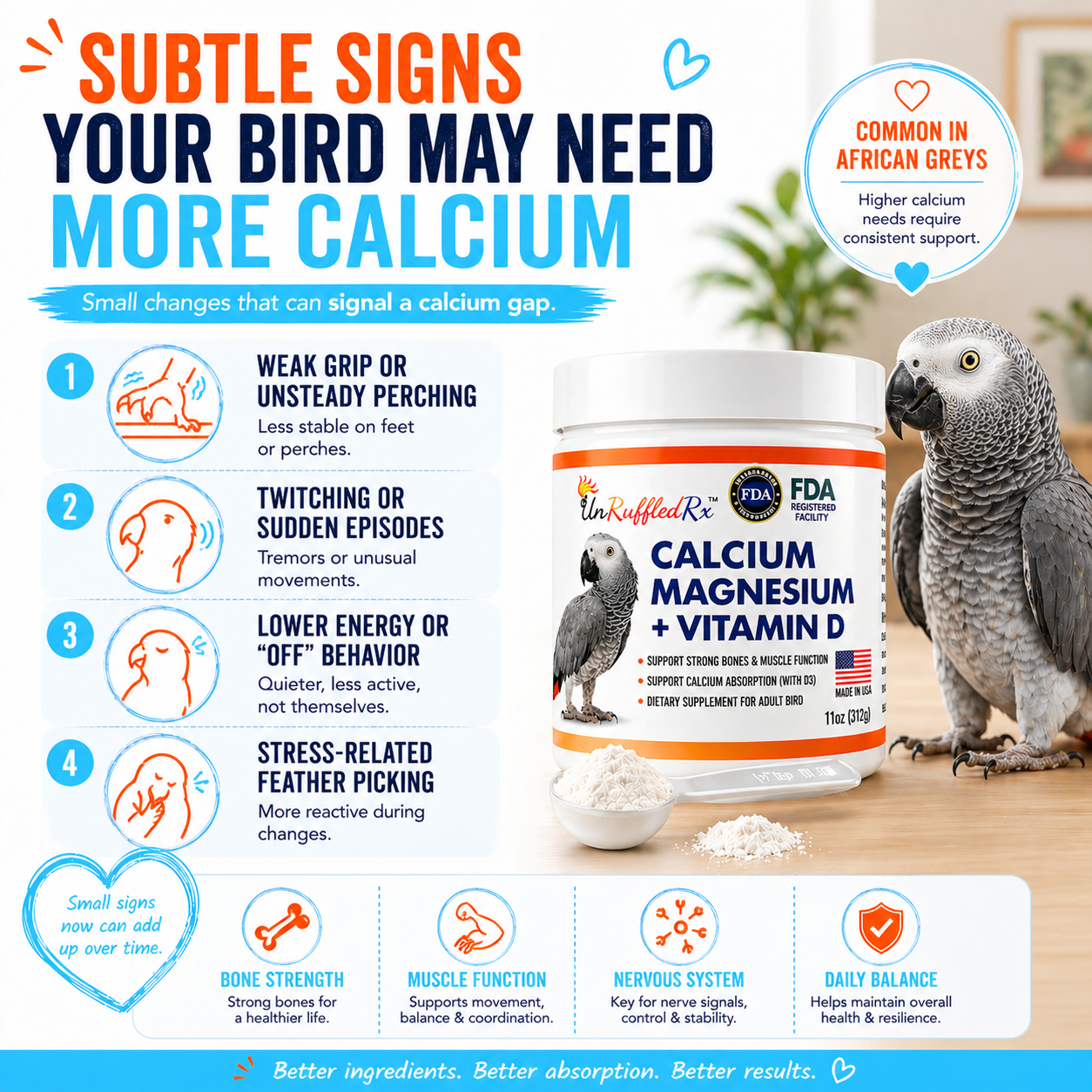 Infographic about symptoms of bird calcium deficiency and how UnRuffledRx supports birds