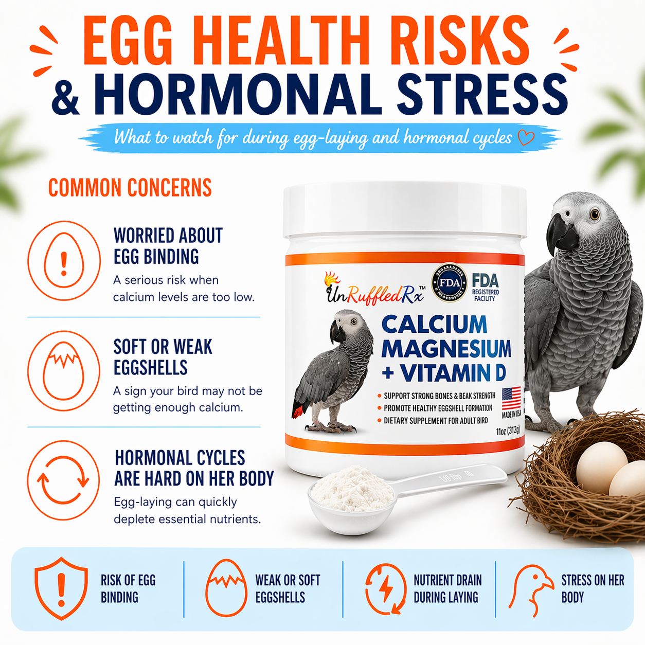 Supplement container with parrot and eggs, discussing egg health risks and hormonal stress.