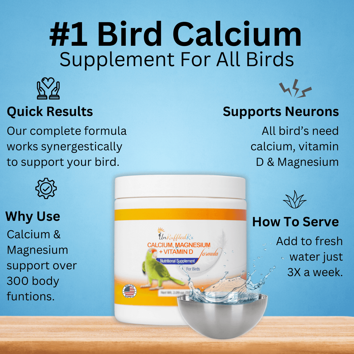 UnRuffledRx Calcium for Birds Calcium, Magnesium + D3 Bird Supplement
