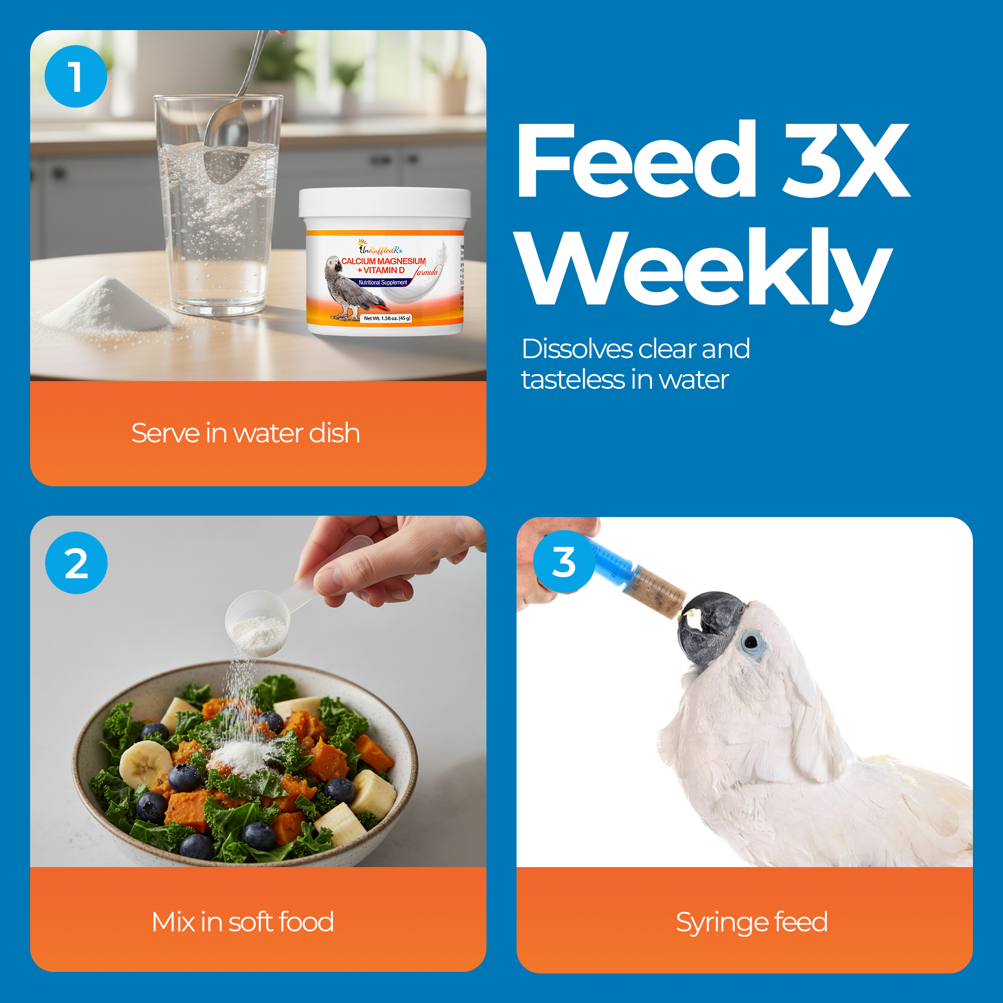 UnRuffledRx Calcium for birds supplement in use with water, soft food, and syringe feeding for optimal bird calcium absorption.