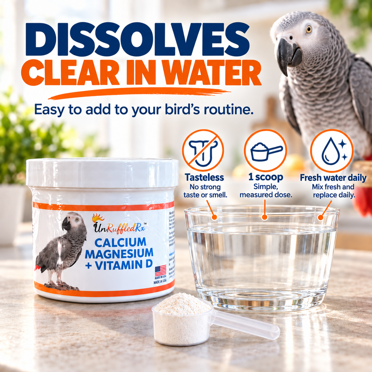 infographic showing how unruffledrx bird calcium dissolves clear in water