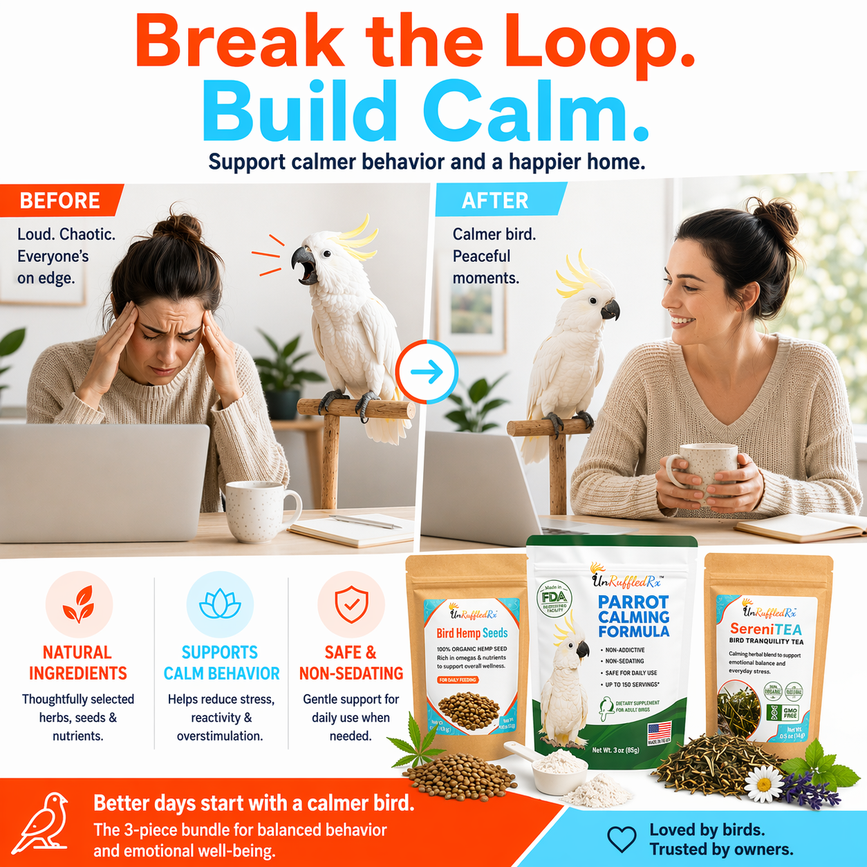 Bird Calming Bundle: 3 Natural Supplements for Anxious & Stressed Birds