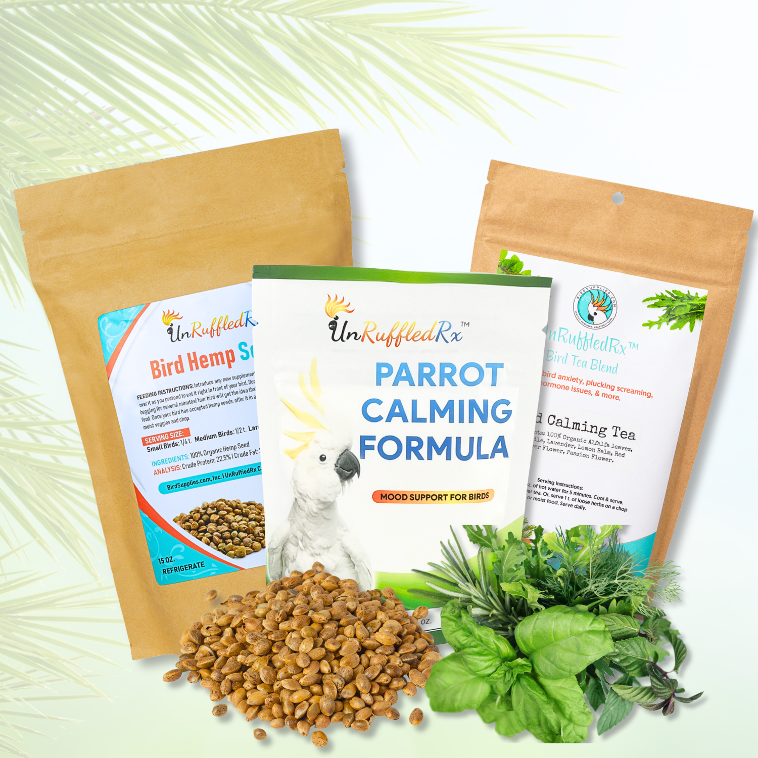 Parrot Calming Bundle – natural stress relief with calming formula, SereniTea, and hemp seeds