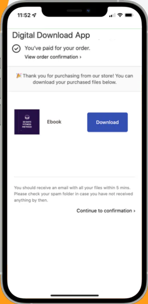 Digital download confirmation screen on mobile app for purchased ebook