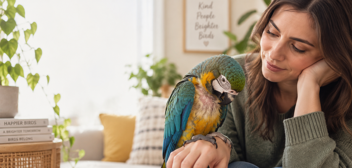 A woman in a cozy living room setting looks down at a blue and yellow macaw parrot perched on her hand. Bird is plucking