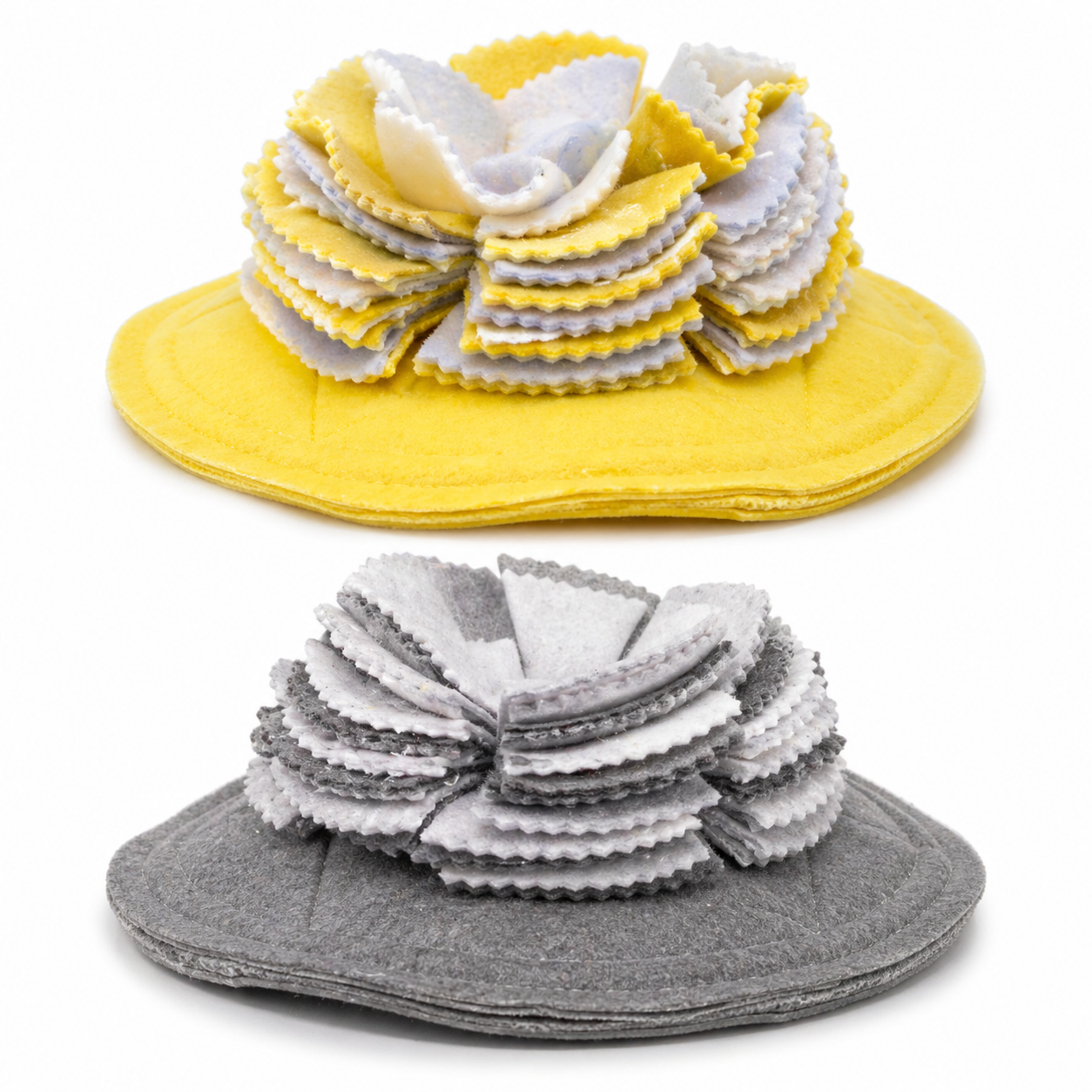 Two thick fringy cone bird collars for severe plucking showing how thick the collars in and two color offerings