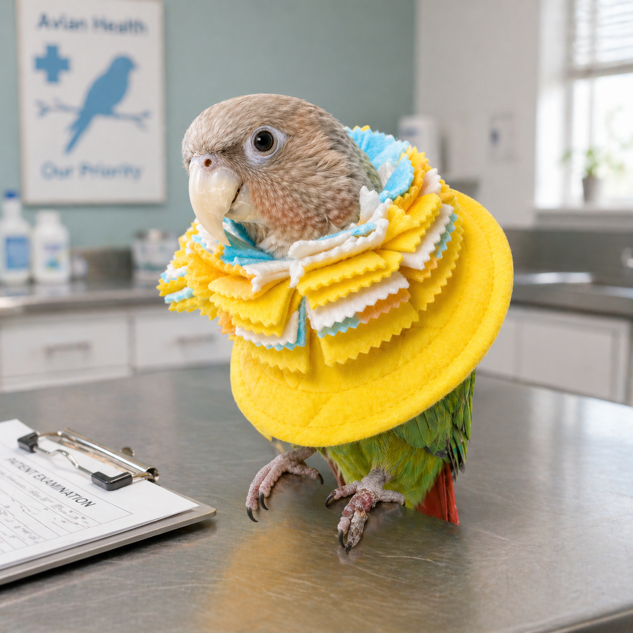 Small parrot at the vet's office getting fitted for a fringy cone bird collar to protect it from biting its feet