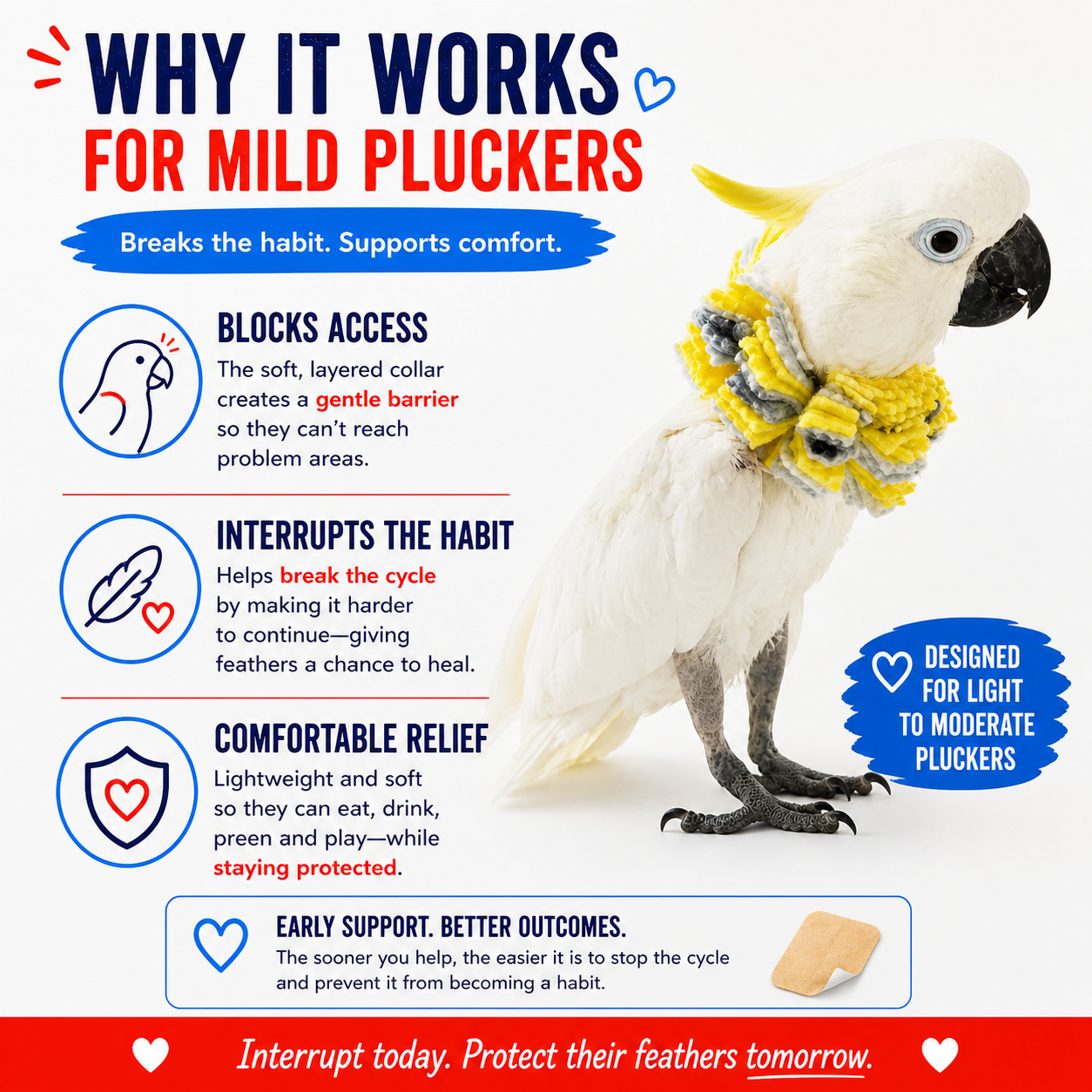 Parrot wearing a soft, layered collar with text explaining its benefits for mild pluckers.
