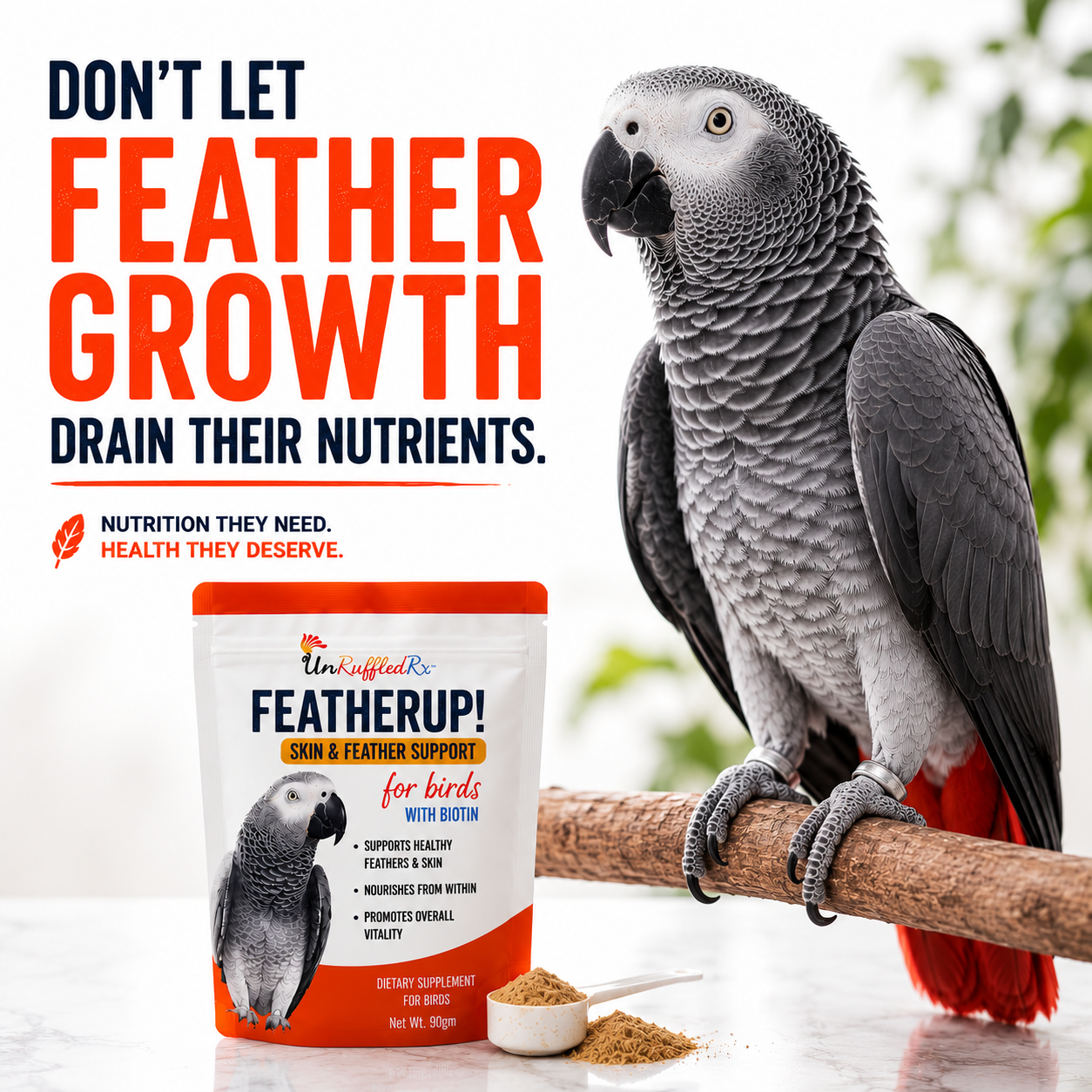 Gray parrot perched on a branch next to a FeatherUp! supplement container with text about bird nutrition.