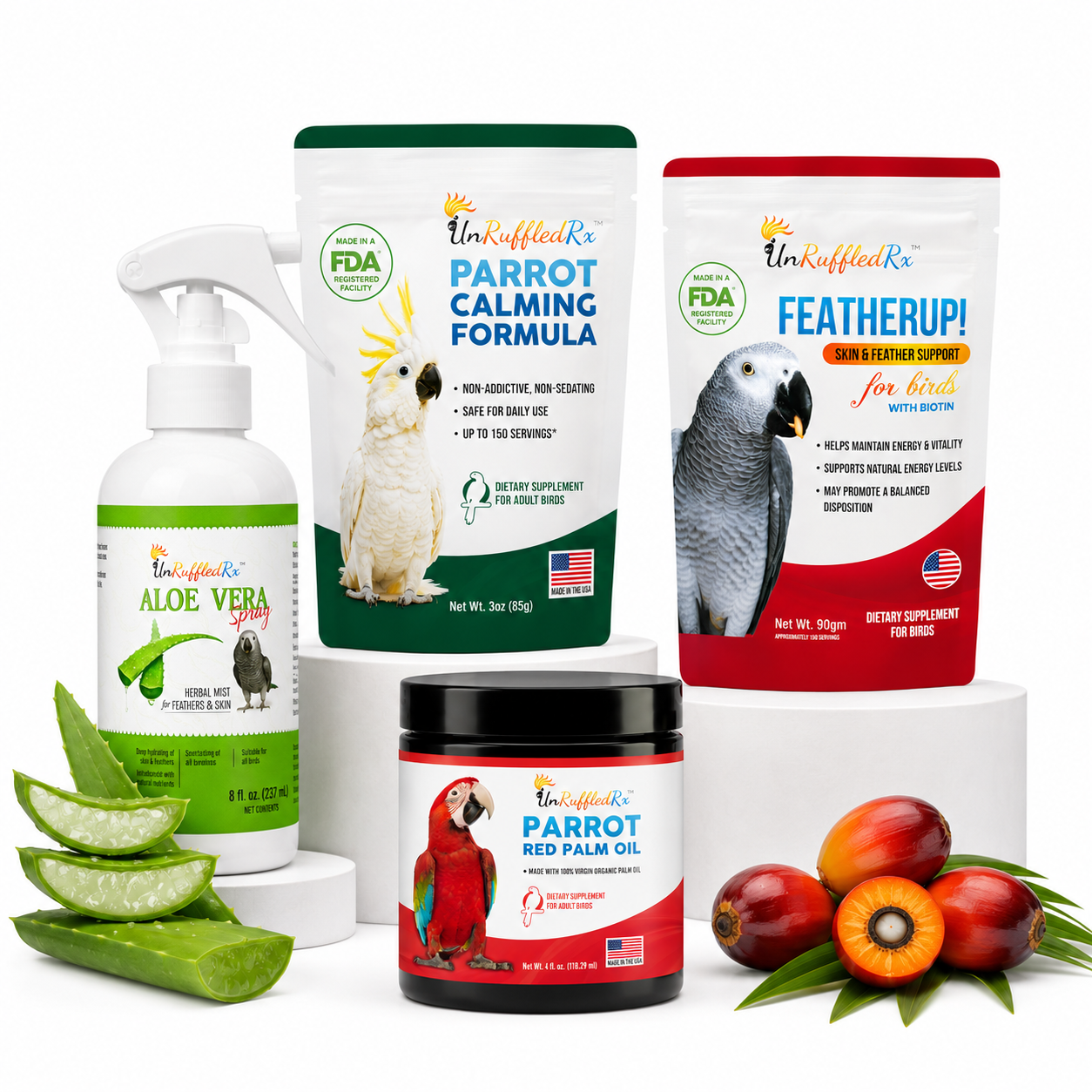 Collection of pet care products for parrots including aloe vera spray, calming formula, featherup!, and red palm oil on a white background.