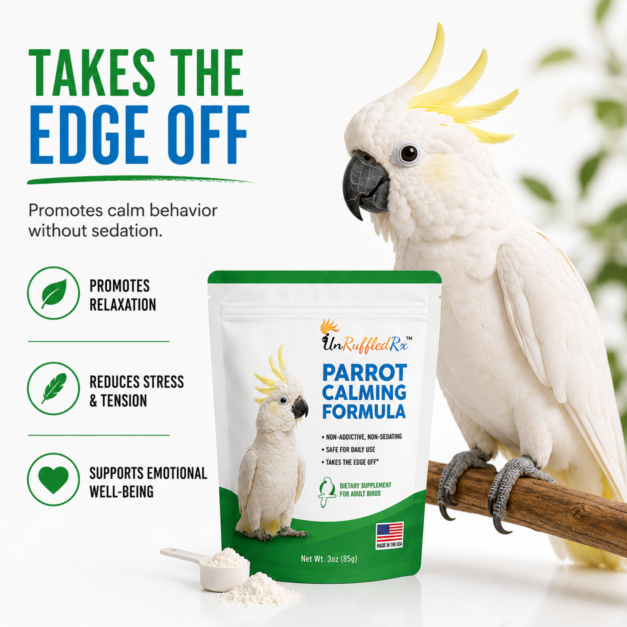 Parrot calming formula packaging with a parrot on a branch