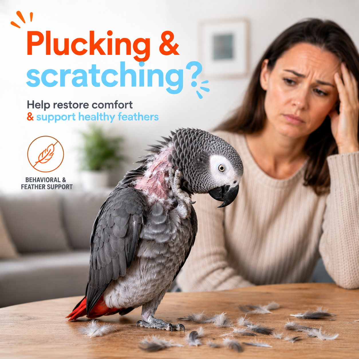 Worried woman with a parrot on a table with feather plucking issues text overlay