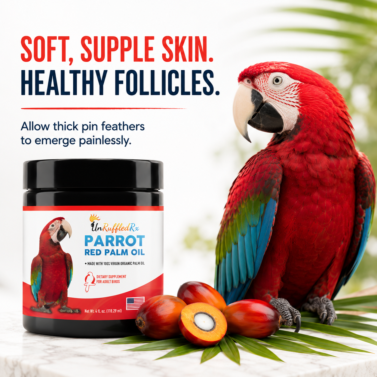 Red parrot with a jar of parrot red palm oil on a white background