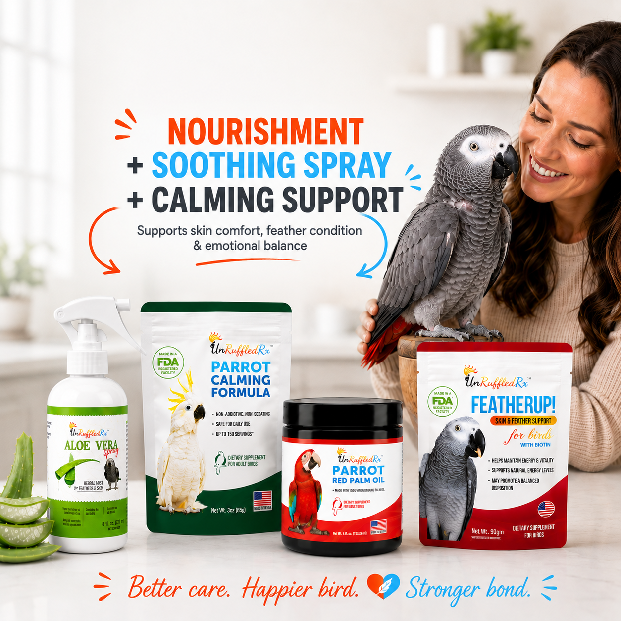 Relieved woman with a parrot and bird care products on a table, with text about product benefits.