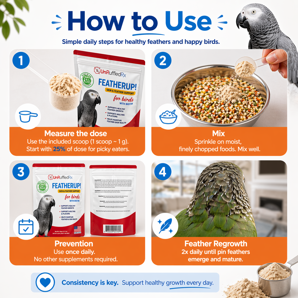 Instructions for using FeatherUp bird supplement with images and text on a white background.