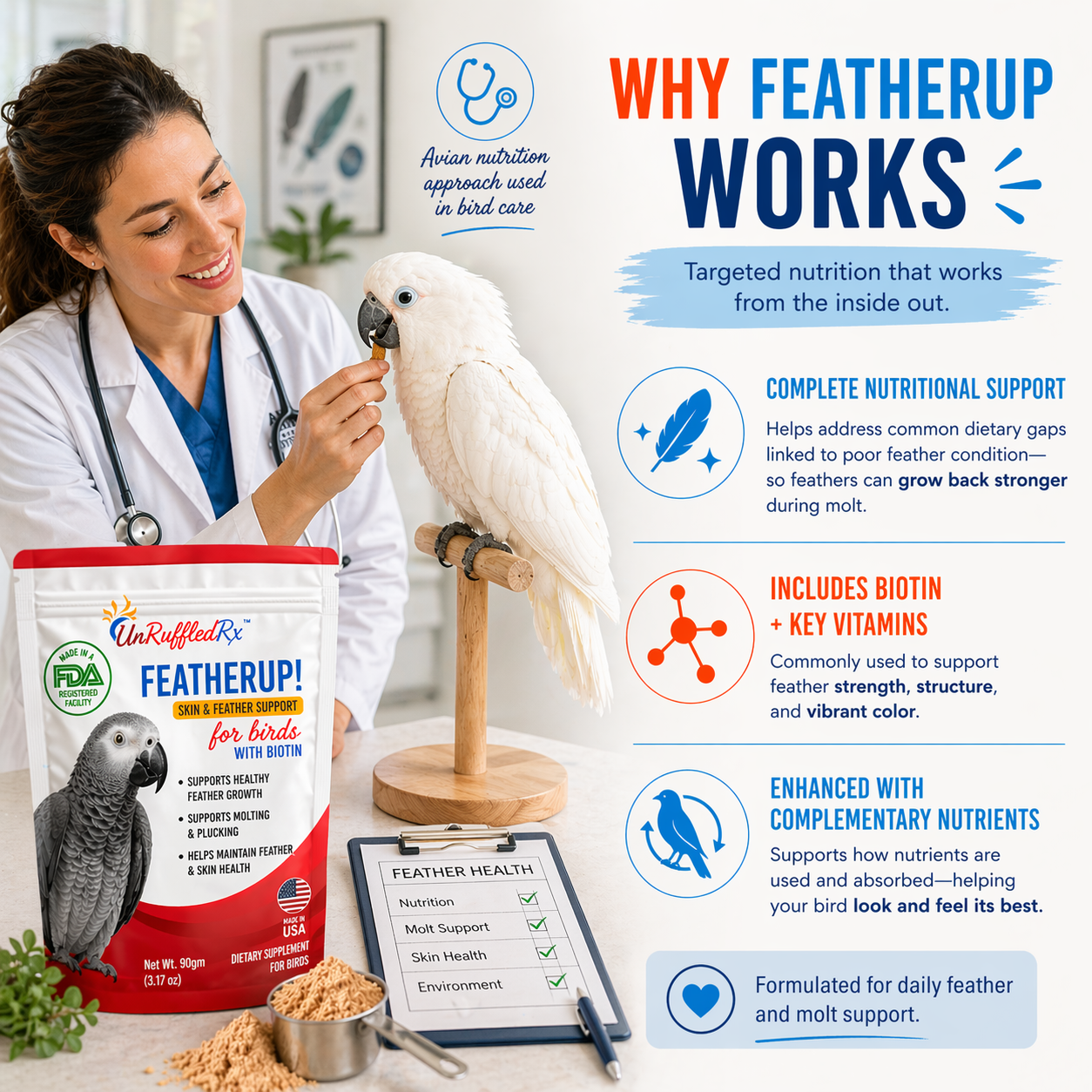 Featherup bird food packaging with a veterinarian and parrot, highlighting product benefits.