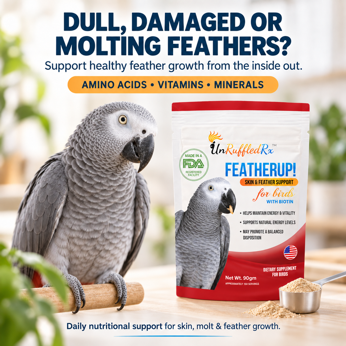 image of featherup showing support for full, damaged or molting feathers