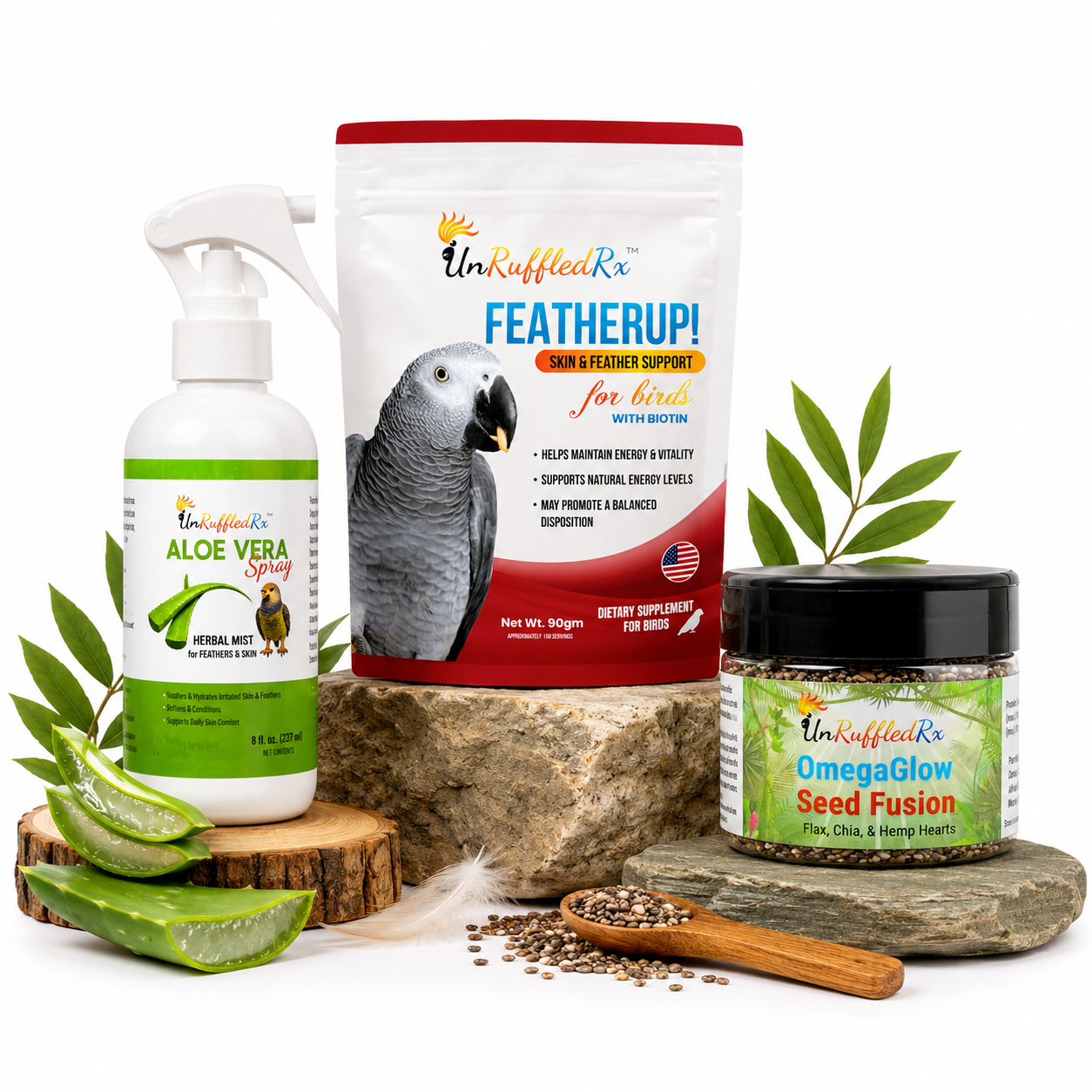 Collection of UnRuffledR bird care products that support itching birds / rough molts
