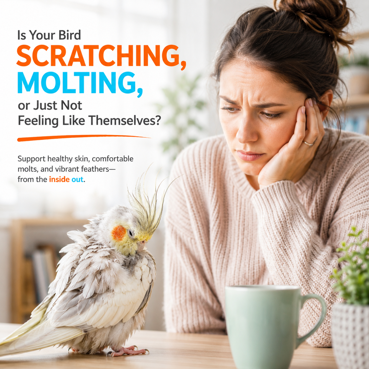 image of woman with her uncomfortable cockatiel worried because her bird is not feeling like itself